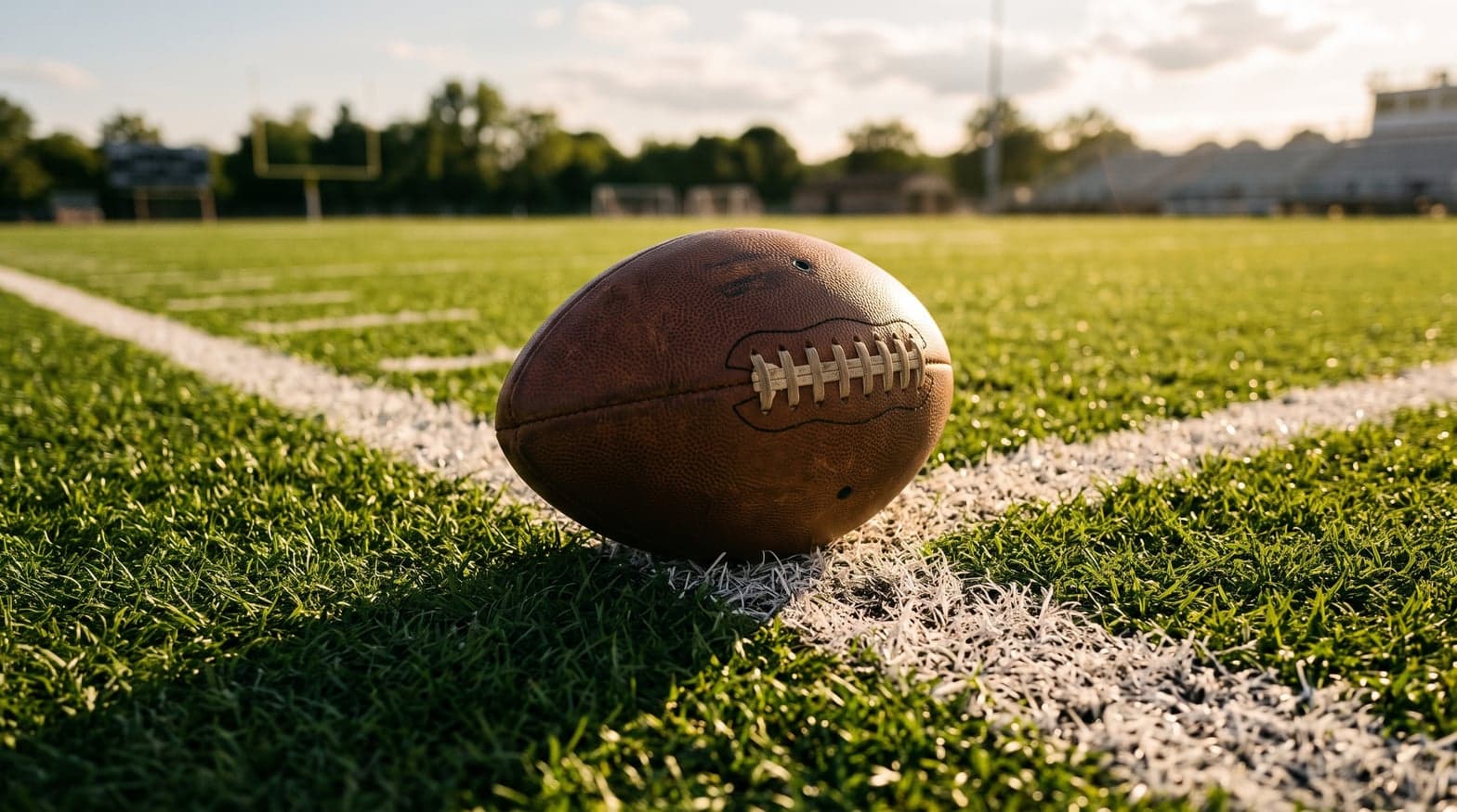 Bola de futebol americano sobre a linha de jarda ao fim da tarde